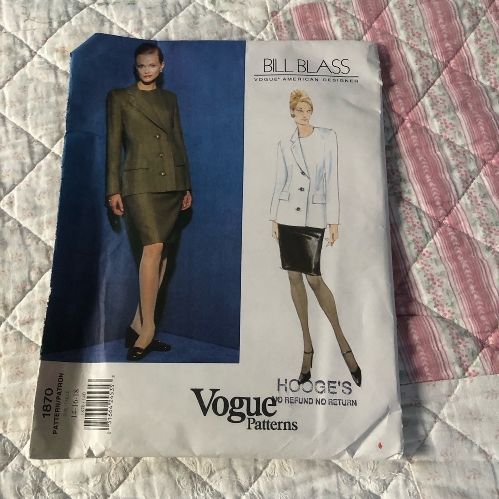 Bill Blass Vogue Pattern 1879-14-16-18. Women's Suit-jacket-skirt -pants